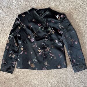 YA ZHENG Black Satin Floral Button-Up